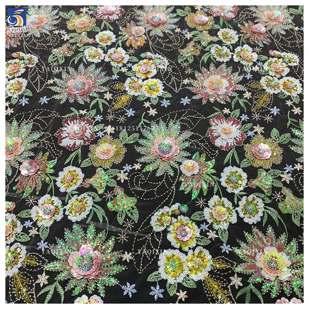 YX1323 New Arrival Sunflower Design With Unique Sequin Germany Lace Fabric DIY Custom Design 3D Lace Glitter Lace Fabric - 图片 2