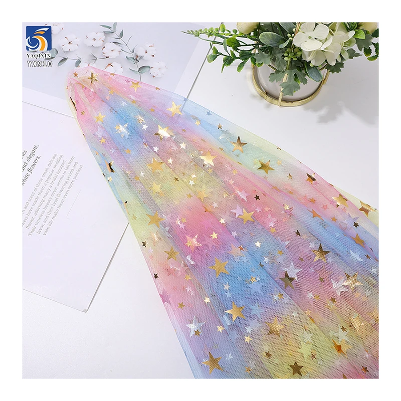 YX910 2026 Rainbow Gradient Tulle Fabric With Gold/Silver Five-Pointed Star Hot Stamping Printed Halloween Fabric for Children - 图片 5