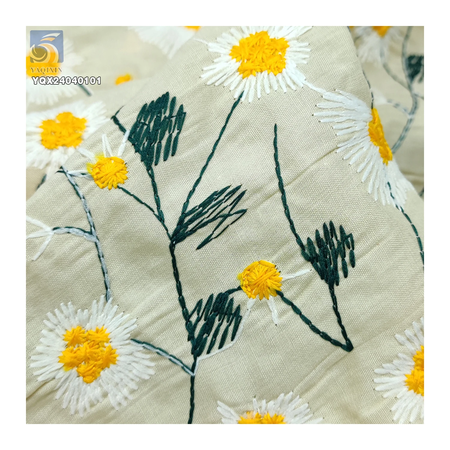 S25 High Quality Combed Breathable Daisy Embroidery Cotton Fabric Medium 180gsm Garments Skirts Ramie/Cotton Linen Fabric - 图片 6