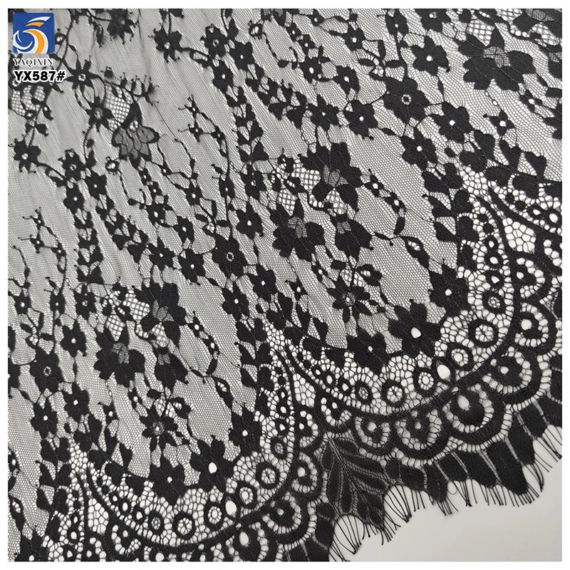 YX587 Sexy Style Black Floral Eyelash Lace Fabric 2025 100% Nylon Eyelash Lace Fabric for Skirt Tablecloth - 图片 5