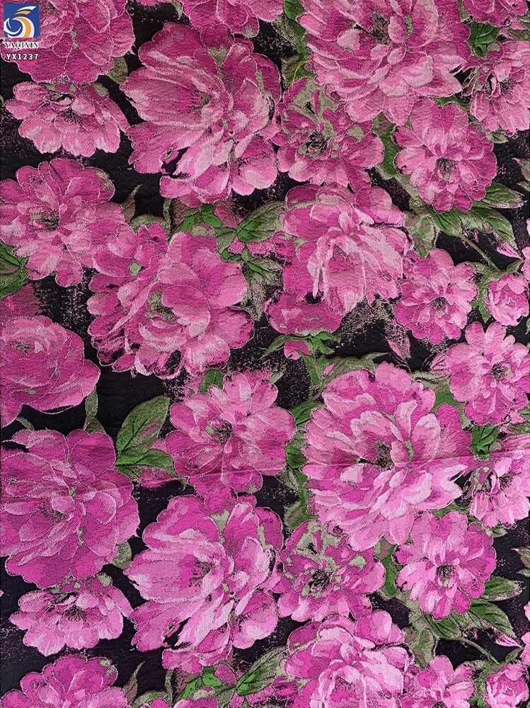YX1237 Low Moq by 1 Yard Sales 193gsm 100% Polyester Yarn-Dyed Brocade Satin Fabric Jacquard Chinese Big Flowers Brocade - 图片 5