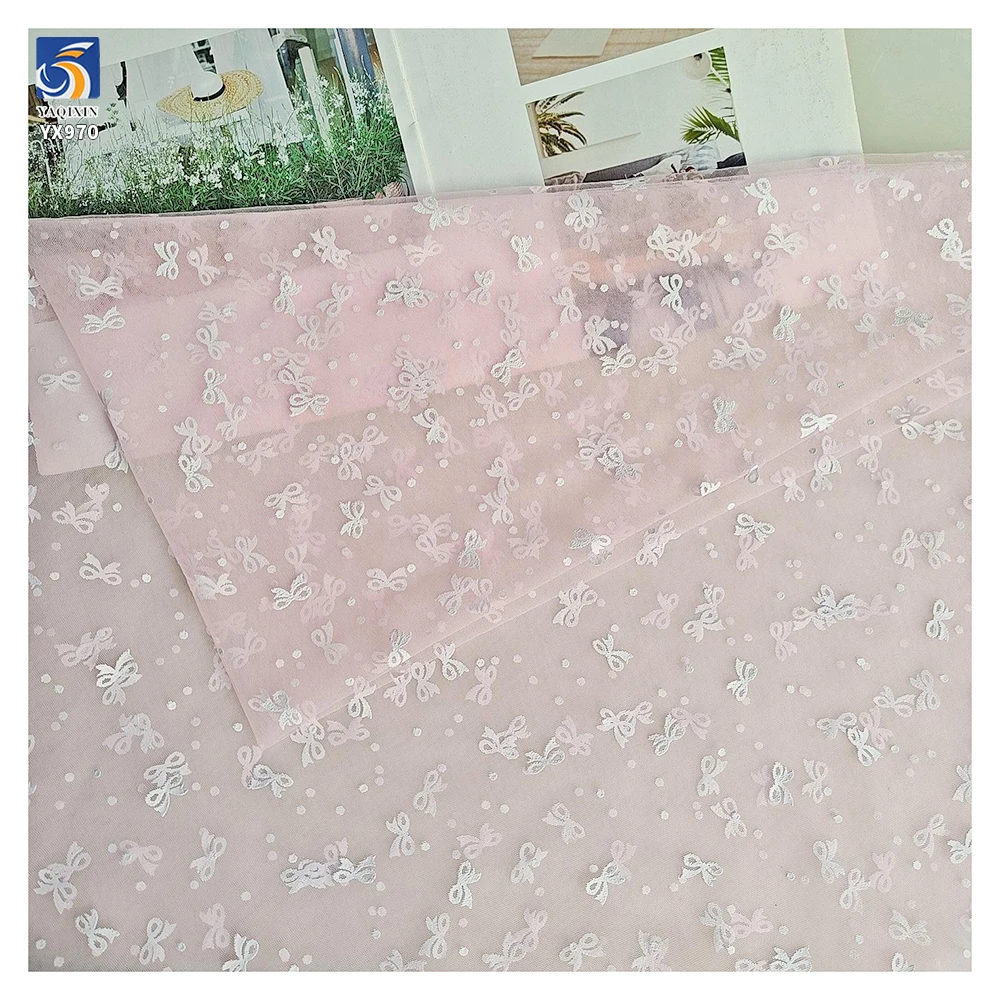 YX970 Plain White Soft Mesh Bow Print Tulle Fabric Festive White Polyester Valentine's Day Romantic Polka Dots Fabric Textile - 图片 5
