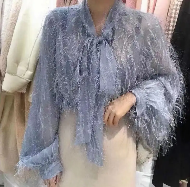 YX1253 Korean Style Design Feather Tassel Lurex Chiffon Fabric Fashionable New Garment Jacquard Fabric for Girls Costumes - 图片 6