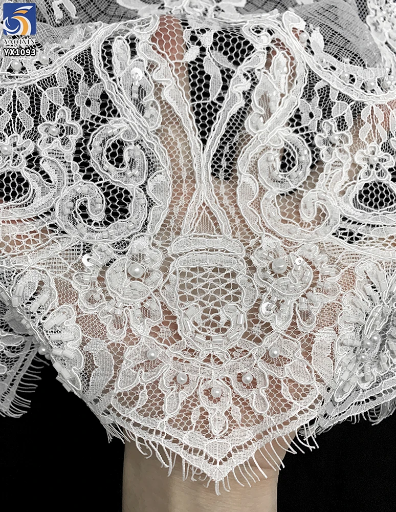 YX1093 15 Yards Handmade Bone Thread Crochet Lace Fabric 2026 African White Wedding Pearls Embroidered Eyelash Lace Fabric - 图片 4