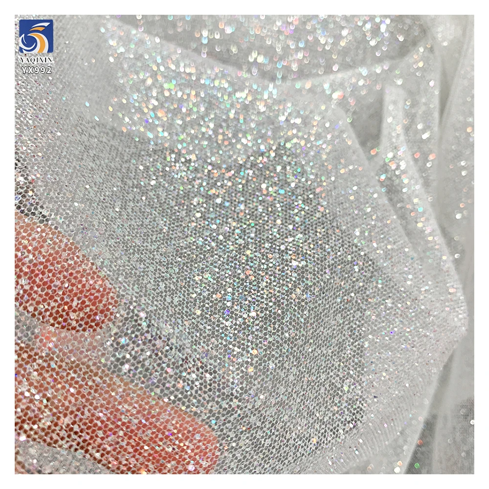 YX992-1 2026 Holographic Super White Dust Glitter Tulle Fabric 100% Polyester Soft Flash Spark Mesh for Wedding Brides - 图片 5