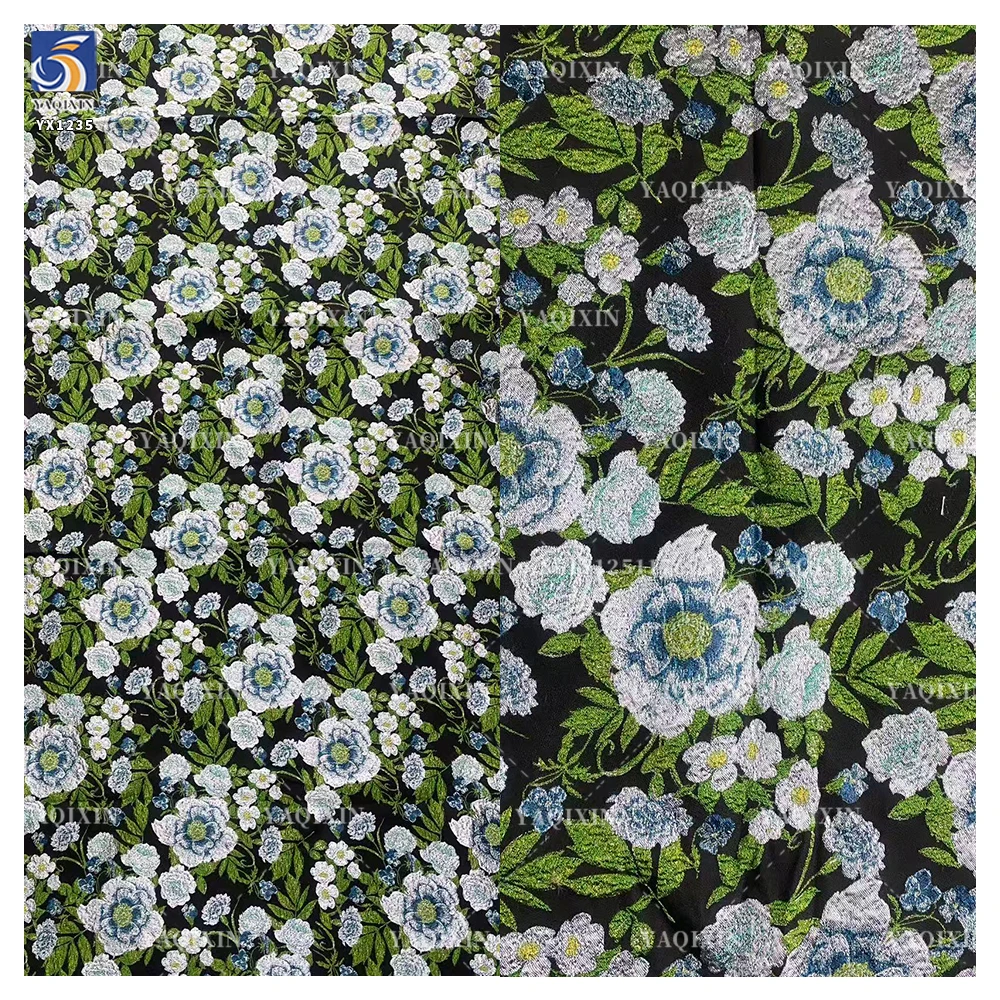 YX1235 Popular 220gsm Brocade Satin Jacquard Upholstery Fabric Green 3D Florals Embossed Yarn-Dyed Gold Brocade Fabric - 图片 4