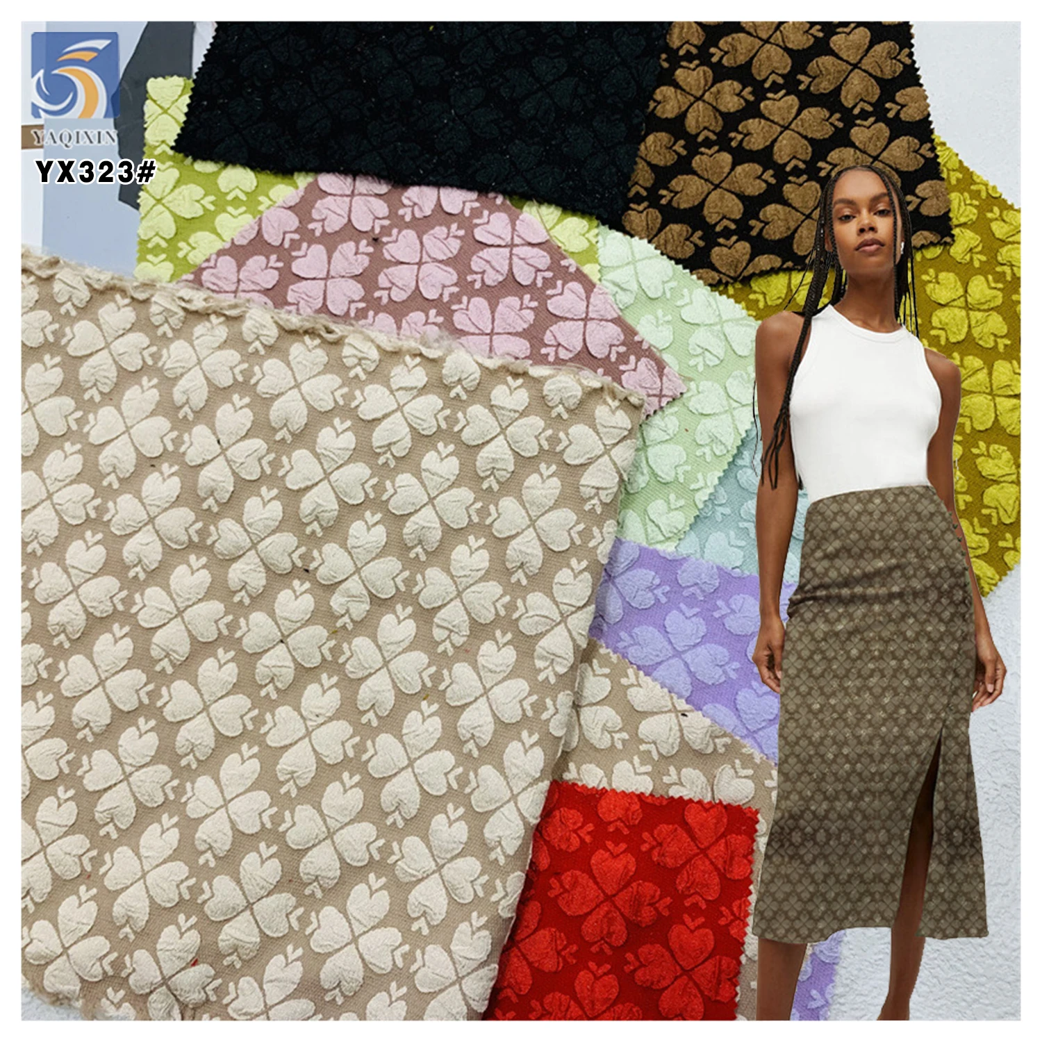 YX323 High Quality T800 Woven Polyester Chiffon Jacquard Fabric Four-Leaf Clover Embossed 3D Jacquard Fabric