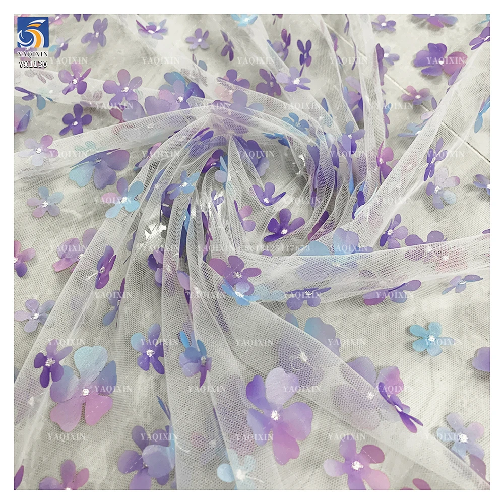 YX1130 High Quality Purple and Blue Gradient Flowers 3D Mesh Fabric 2 Yards Embroidery 3D Florals Tulle Christmas Skirt Fabric - 图片 4
