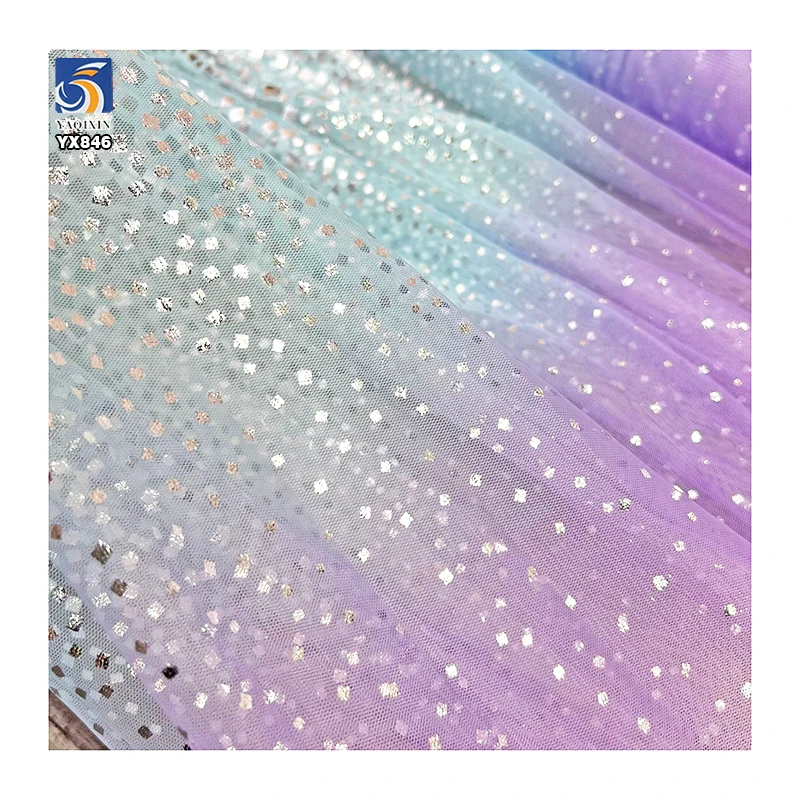 YX846 Support Custom Gradient Colors Girls Skirts 100% Polyester Rainbow Tulle Mesh Fabric With Silver Square Sequins - 图片 5