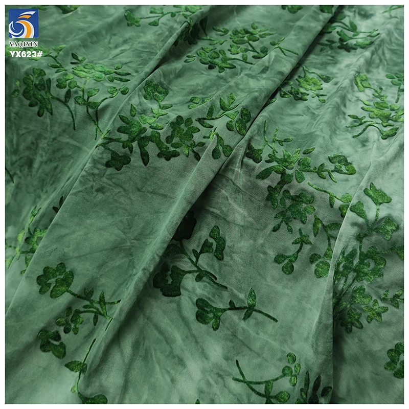 YX623 2026 New Arrivals Green Tied Dyed Elastic Retro China Dress Fabric Stretch Single Knit Fabric With Flocking Florals - 图片 3