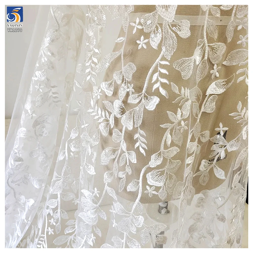 YX1278 10 Yards Low Price Cheap White Tulle Fabric Lace Water-Soluble Embroidery Leaf Pattern Lace Fabric for Chinese Brides - 图片 3