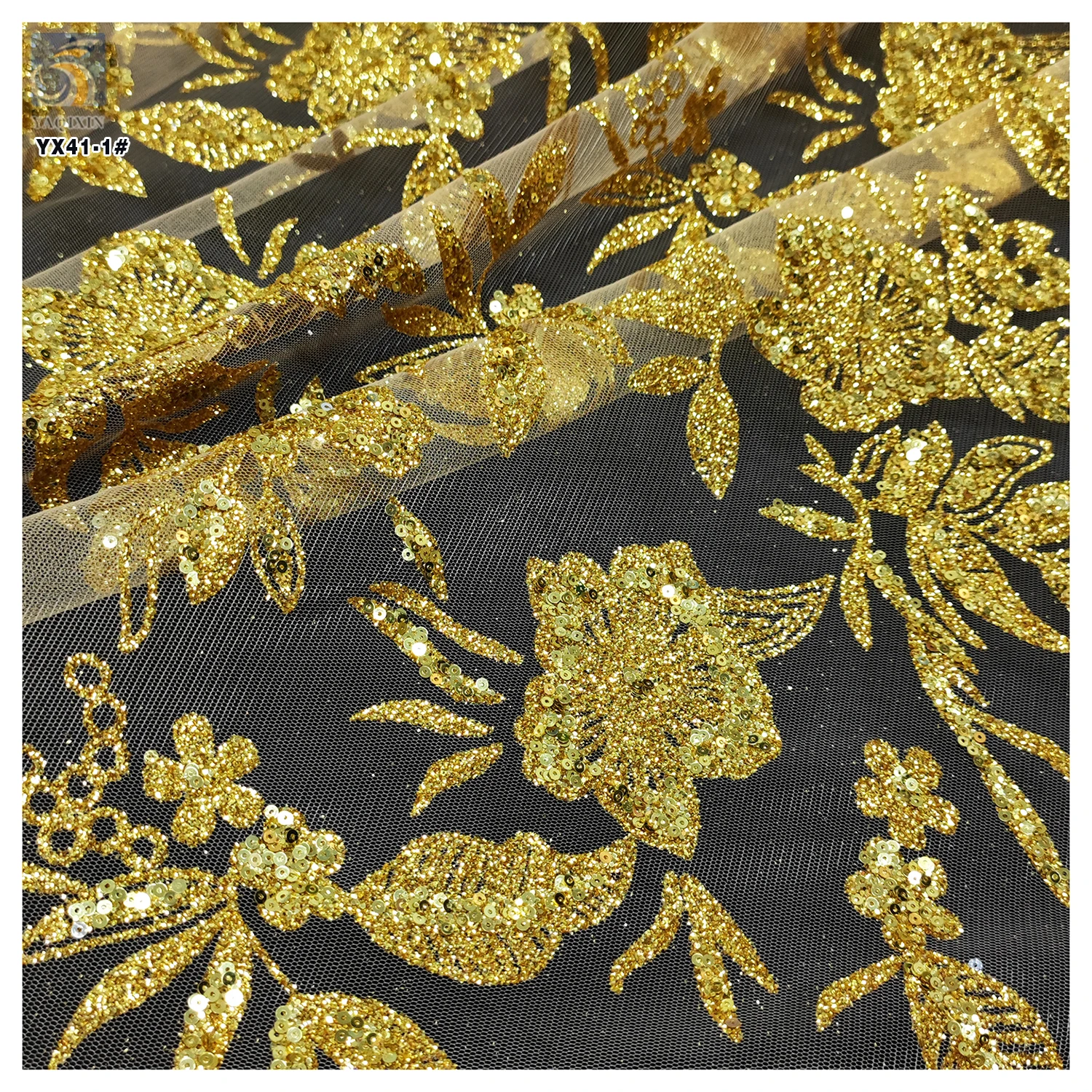 YX41-1 Wholesale Prices Nigerian Shine Lace Fabrics for Wedding 2026 Gold Sequins Glitter Lace Tulle Fabric - 图片 4