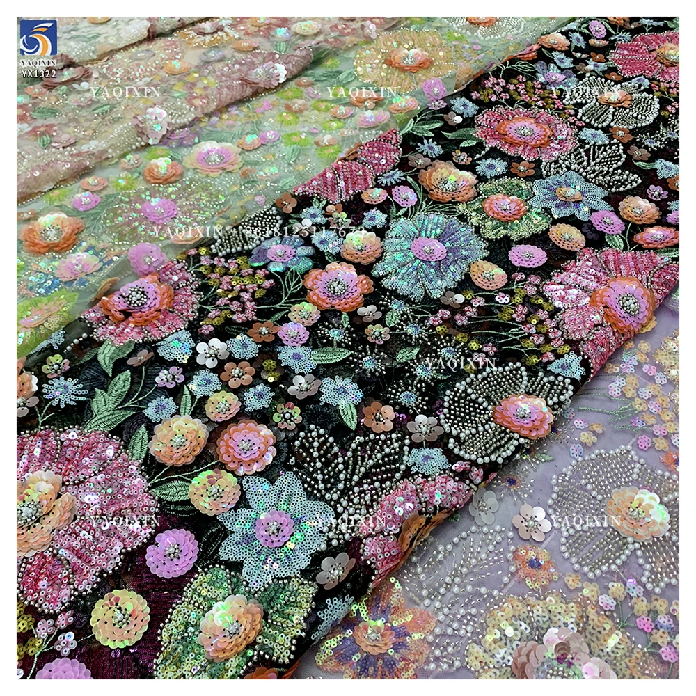 YX1322 High-Quality Custom Sequin Glitter Lace Fabric With Pearls Parisian French Fashion Clothing Lace Fabric - 图片 4