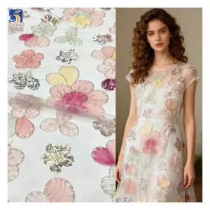 YX1122 Expensive English Embroidery Fabrics Mesh Large Flowers Garments Dress Ladies Tulle Fabric With 3D Flowers Sequins
