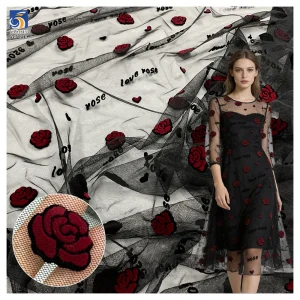 YX1220 French Romantic Mesh Love Rose Valentine's Day Flock Fabrics Knitted Red and Black Florals Flocked Tulle Fabric