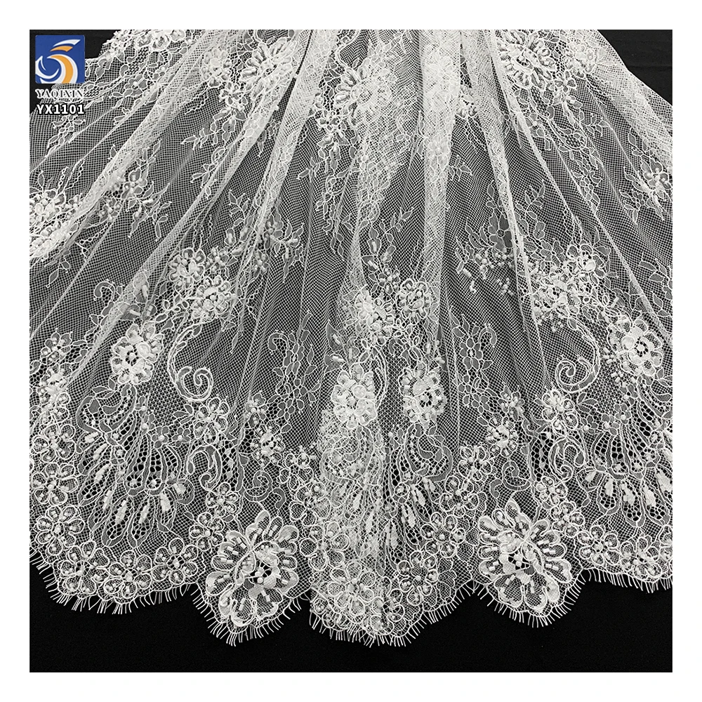 YX1101 China Large Factory Wholesale Eyelash Lace Fabrics Solid Woven Crochet 300*150CM Mesh Bridal Lace Fabric for Wedding - 图片 3