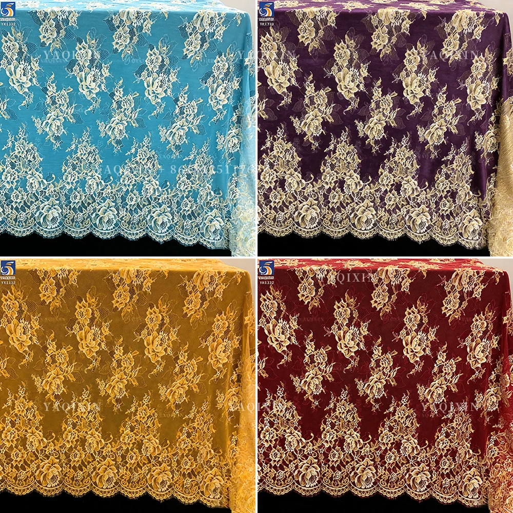YX1332 300cm*150cm Factory Wholesale Price China Gold Eyelash Lace Fabrics Big Flowers Embroidered Eyelash Lace Fabric Textile - 图片 2