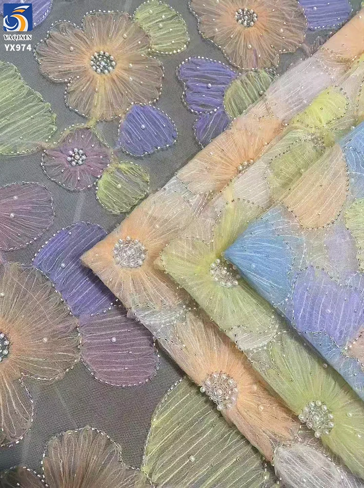 YX974 Colorful Digital Printing Big Flowers 3D Heavy Embroidery Tulle Fabric With Pearls 3D Poly Knitted Mesh Fabric Latest - 图片 2