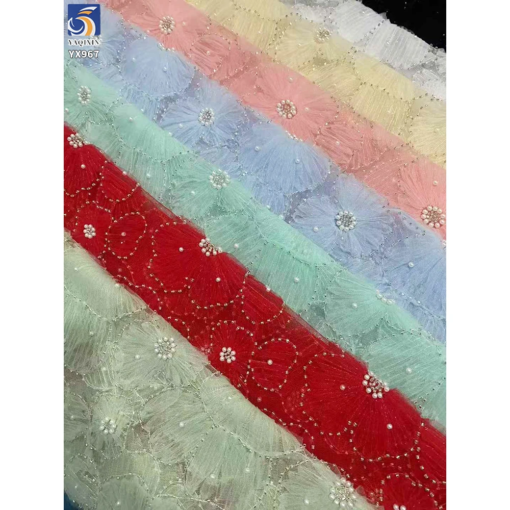 YX967-2 Cheap and Low-Priced 3D Flowers Plain Embroidery Tulle Mesh Fabric With White Pearls 3D Tulle Dress Fabrics for Girl - 图片 6