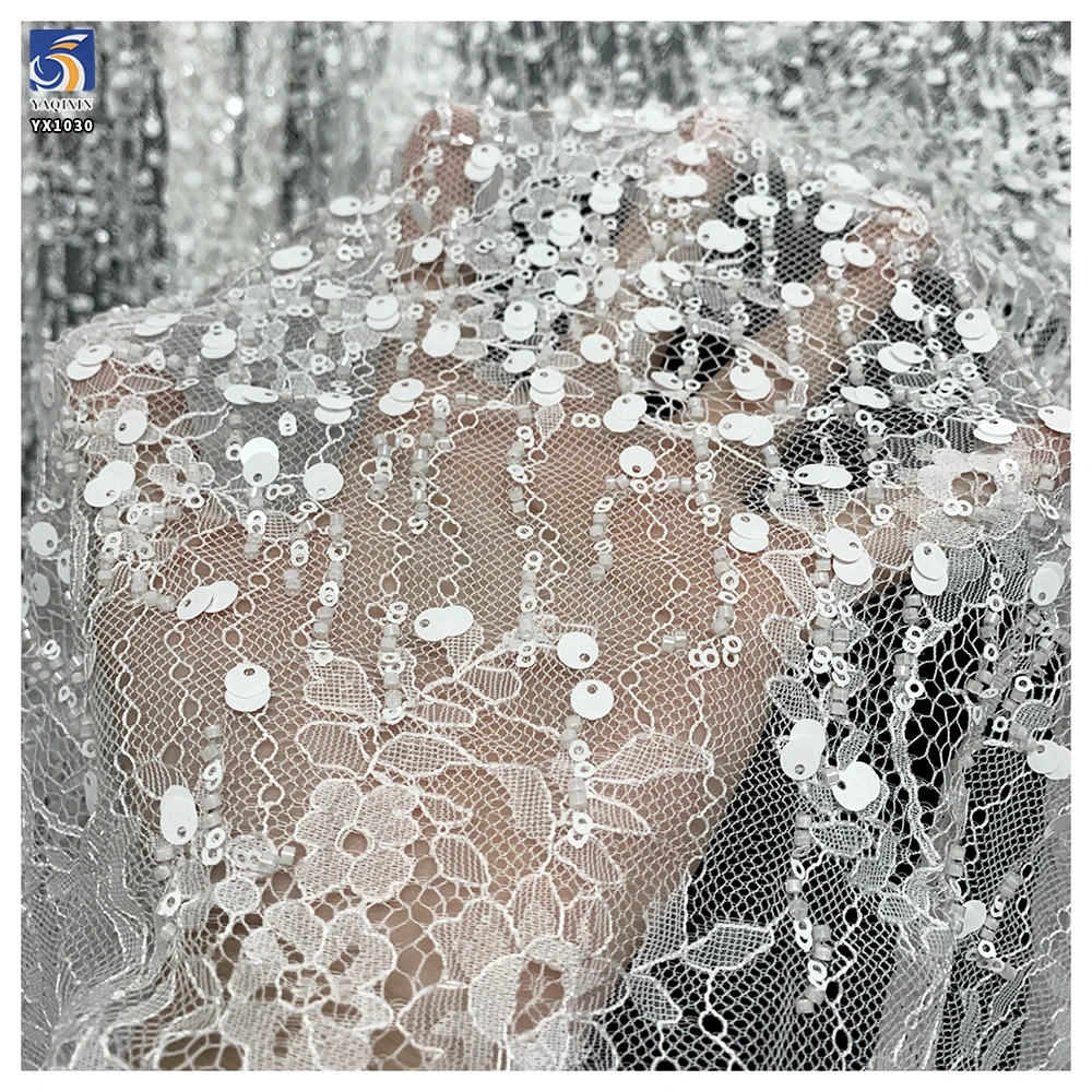 YX1030 300CM*150CM Eyelash White Wedding Bridal Lace Fabrics Heavyweight Beaded Sequin Embroidery Lace Fabrics White - 图片 5