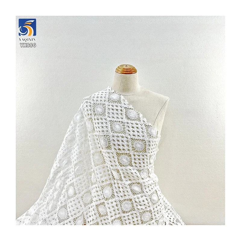 YX886 Customized Weight 150gsm Milk Silk Hollow Checkered Embroidery Water Soluble White Lace Fabric for Women's Shirt - 图片 3