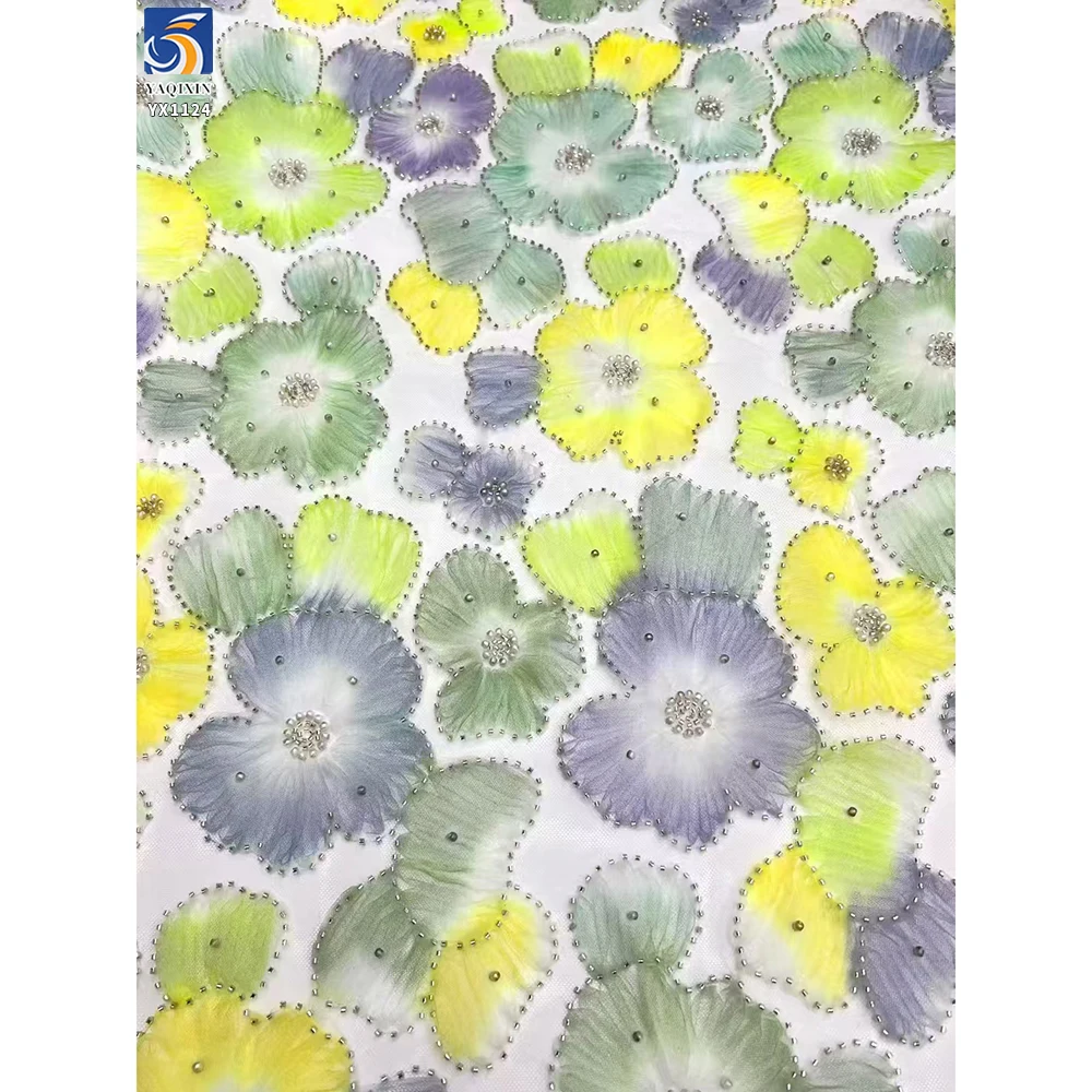 YX1124 Colorful Florals Tulle Fabric 3D Flower Embroidery French Romantic Women's Dress Tulle Fabric With 3D Pearl Beads - 图片 6