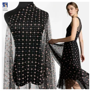 YX1224 High Quality Knitted Pink Florals Offset Print Mesh Fabric With Silver Glitter Dots for Women's Clothing Tulle