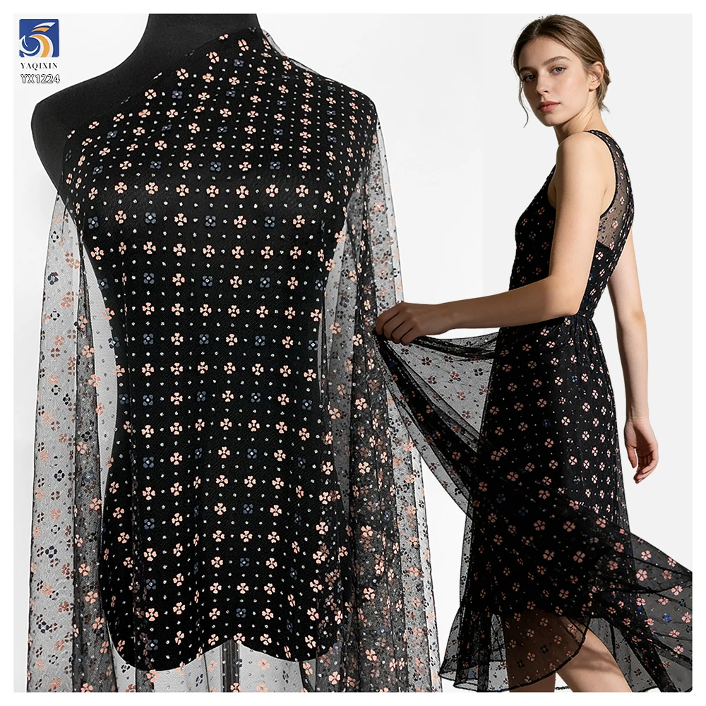 YX1224 High Quality Knitted Pink Florals Offset Print Mesh Fabric With Silver Glitter Dots for Women's Clothing Tulle