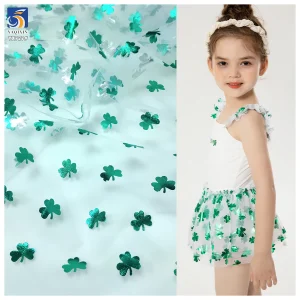YX727 New Green Clover Printed Tulle Fabric St. Patrick's Day Holiday Printed Green Leaves Mesh Fabric Girls' Skirts Knitted