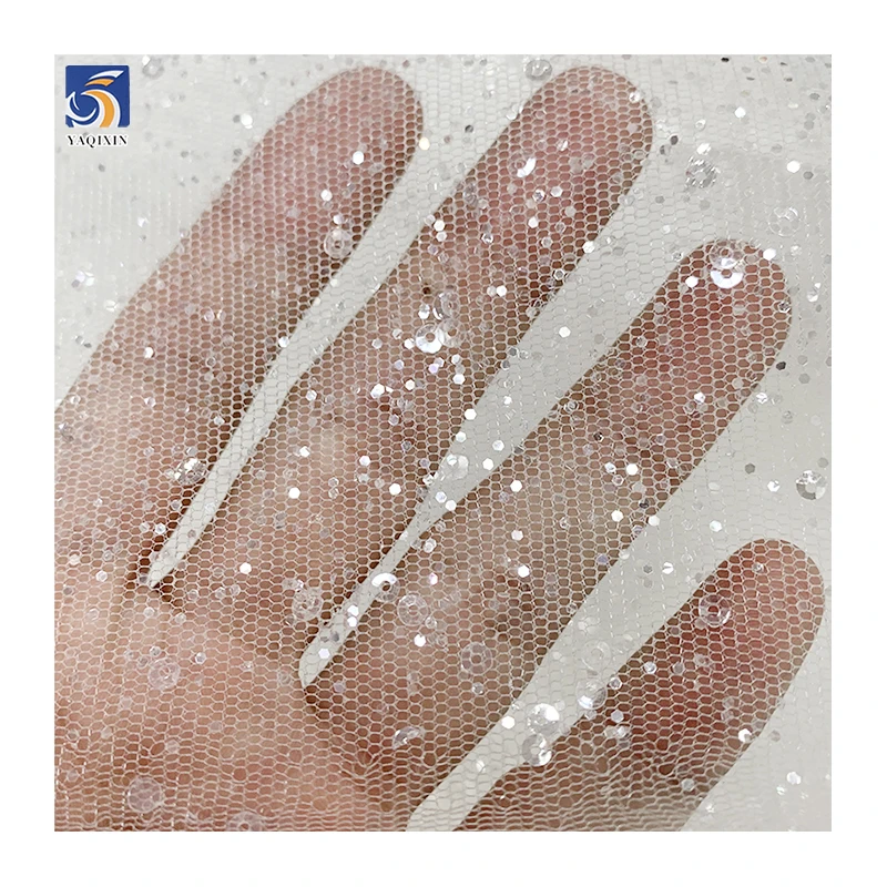 YX697 130gsm High Quality High Density Mesh Tulle Fabric With Silver Glitter Dust Dots Tulle Bridal Wedding Dress Fabric - 图片 6