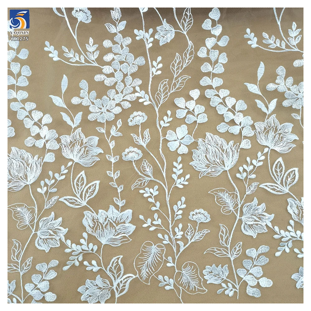 YX1275 130gsm Luxury Florals Embroidered White Wedding Tulle Lace Fabric Water-Soluble Embroidery French Dress Fabric - 图片 5