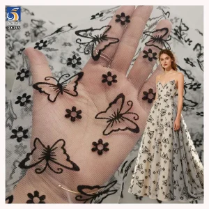 Butterfly Flower Flocking Printed Voile Tulle Fabric Black Velvet Flocked Mesh Lace Fabric for Women Dress