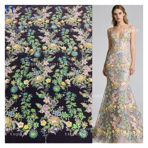 YX1309 Top Sales Forest Pattern 3D Floral Embroidered Mesh Fabric for Women's Skirts DIY Handmade Pearls Sequin Flowers Fabric