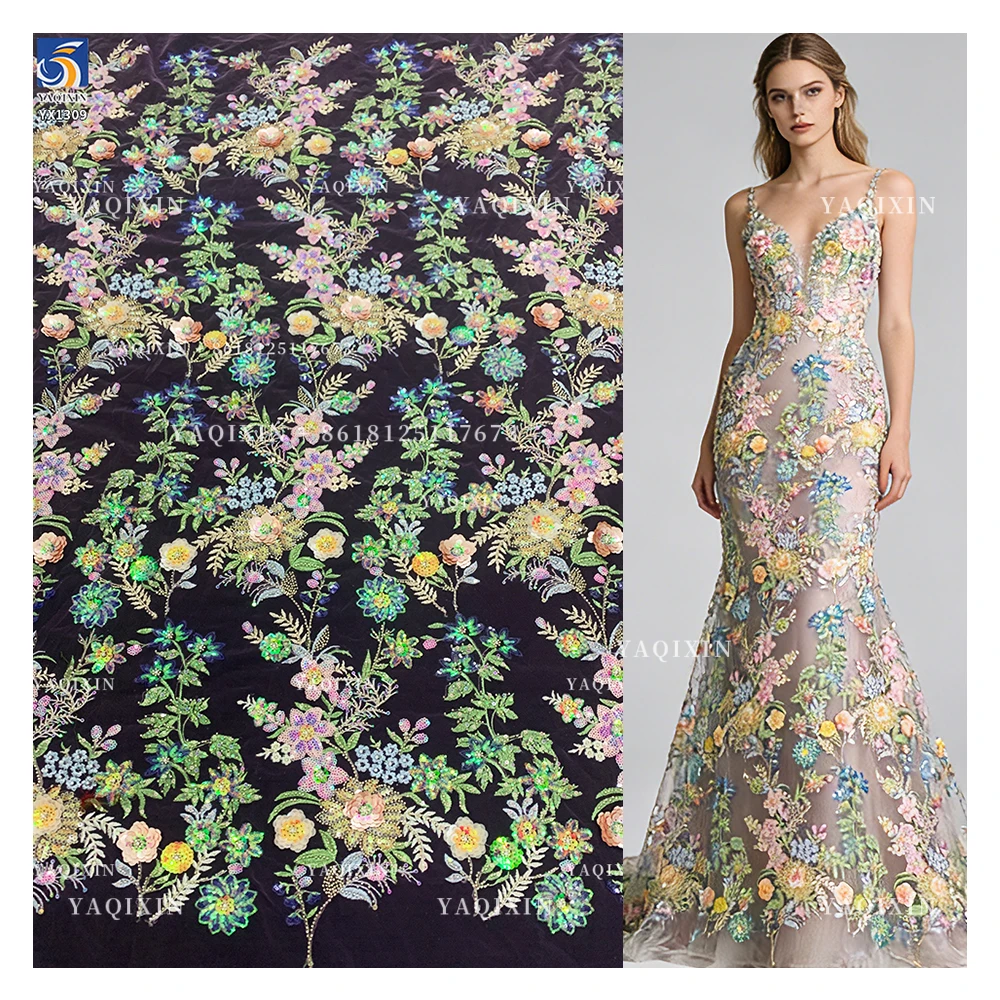 YX1309 Top Sales Forest Pattern 3D Floral Embroidered Mesh Fabric for Women's Skirts DIY Handmade Pearls Sequin Flowers Fabric