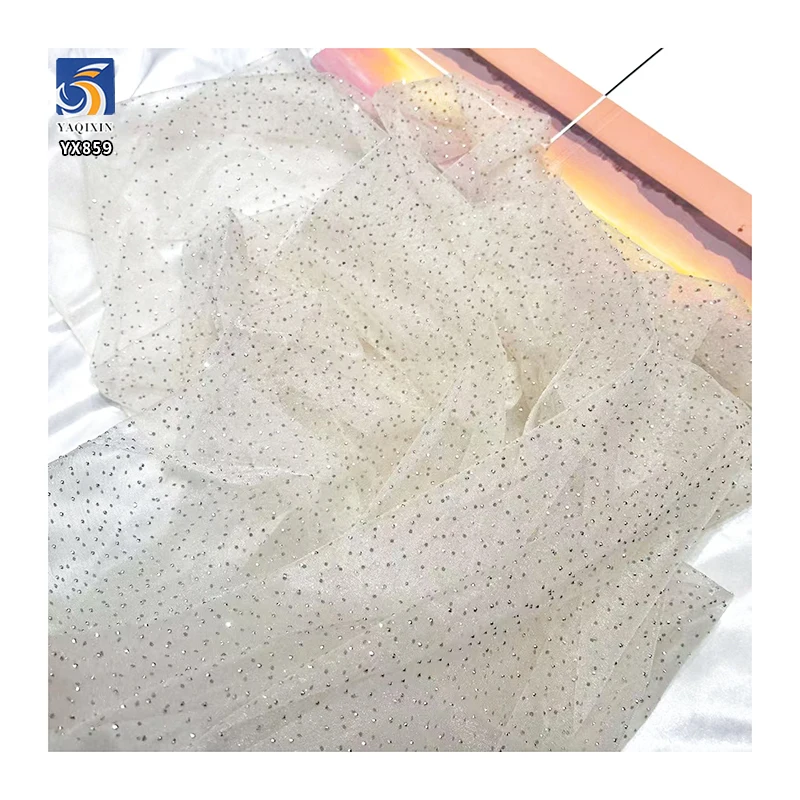 YX859 High Quality Knitted Glitter Mesh 3D Stone Silver Diamond Fabric for Wedding Dress Glossy Tulle Fabrics - 图片 4