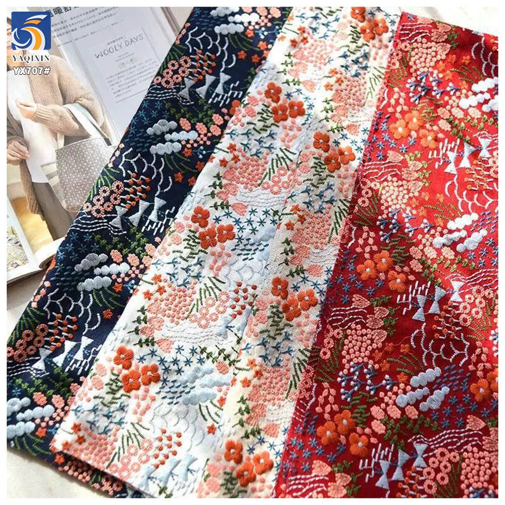 YX707 French Fashion Colorful Florals Embroidery Cotton Fabric 250gsm Ramie Cotton Embroidery Fabric for Home Textile - 图片 4