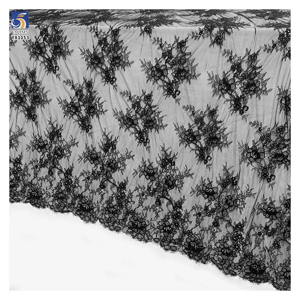 YX1053 Tulle Poly Black Eyelash Lace Fabric Ply Bone Thread Embroidery Flowers Custom Apparel-Sleepwear Eyelash Lace Fabrics - 图片 6