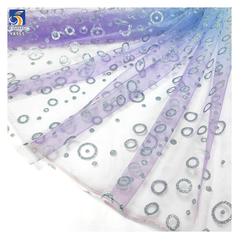 YX965 Blue Purple Gradient Polyester Mesh Glitter-Print Silver Circle Pattern Design Tulle Fabric for Children's Princess Dress - 图片 3