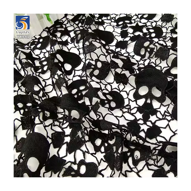YX882 200gsm Halloween Black Milk Silk Embroidery Lace Embroidery Fabric Holiday Halloween Skull Net Mesh Fabric - 图片 5