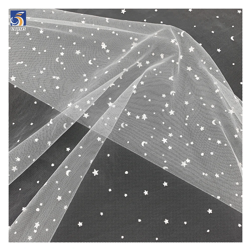 YX969 Custom White Poly Offset Printed Stars and Moon Tulle Polka Dot Printed Tulle Soft Mesh Fabrics for Doll Clothing - 图片 2
