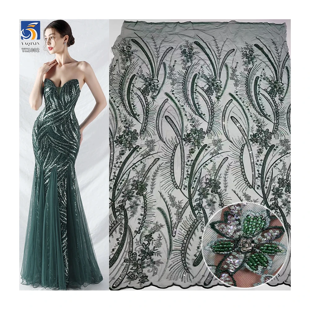 YX1002 Emerald Green African Lace Fabric DIY Customized Flower Sequin Embroidered Fabric Lace Textile for African Wedding