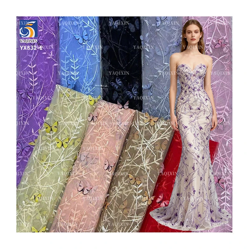 YX832-1 New Technology Print Knitted Mesh 3D Butterflies Embroidery Fabric for Beautiful Skirt Making for Girl and Women