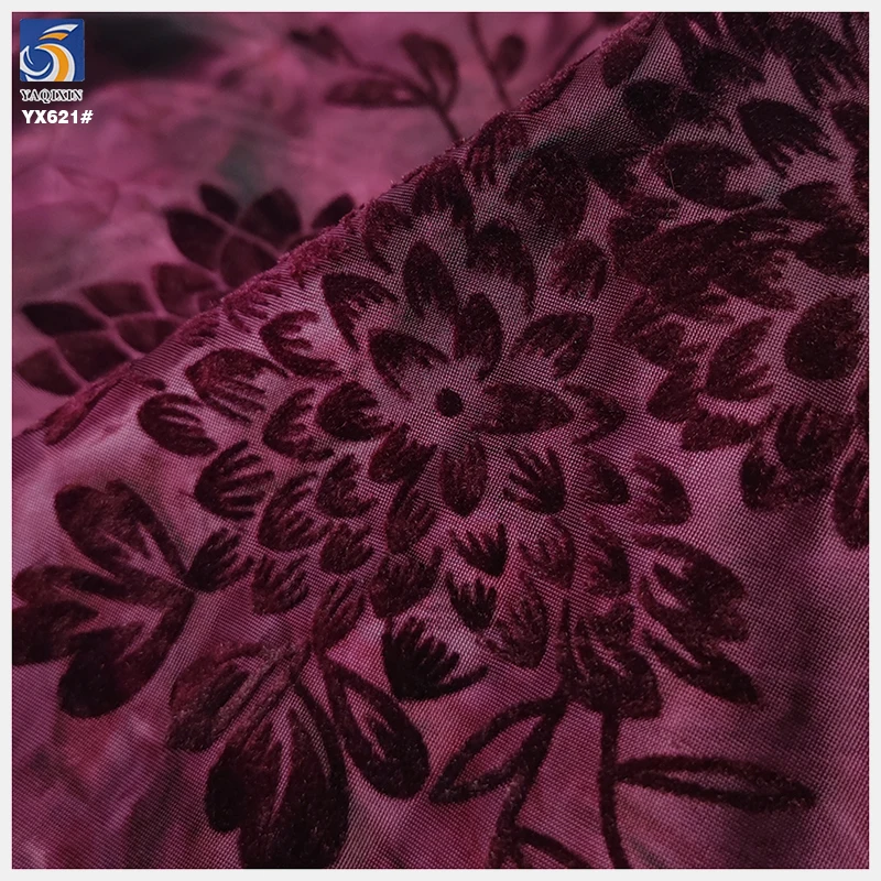 YX621 Dark Wine Red Ice Silk Tie Dyed High Stretch Fabric Spandex Chinese Flowers Flocking Fabric for Women Dress - 图片 4