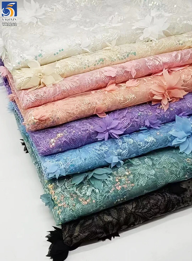 YX1262 200gsm New France Mesh Sequin Embroidered Fabric Flowers 3D Hand Embroidery Fabric With Sequins for Women's Garments - 图片 4