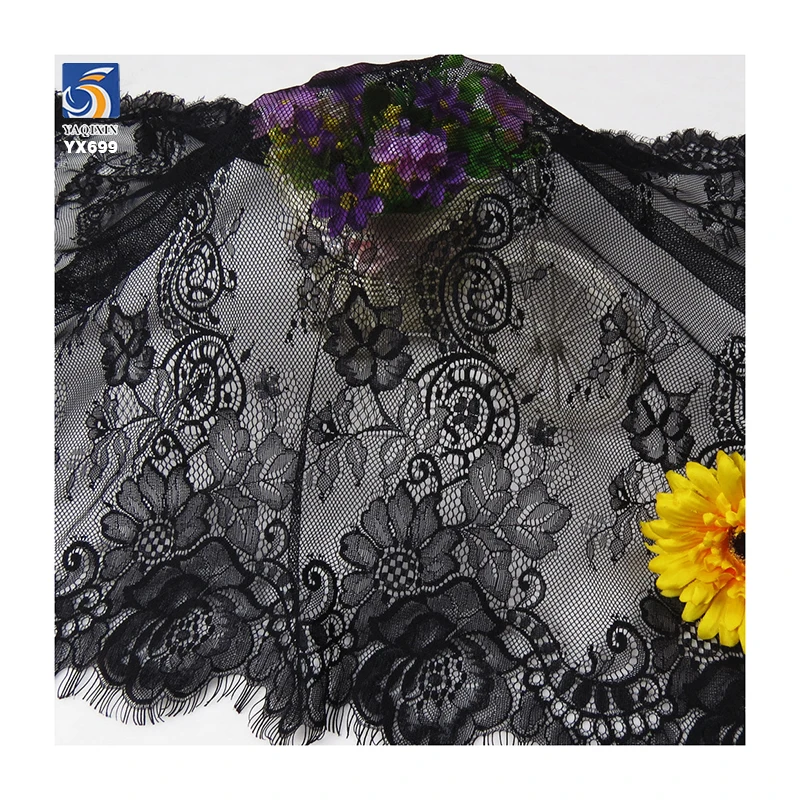 YX699 65CM*300CM Black Transparent Polyester Sexy Eyelash Lace Fabric Embroidery Eyelash Lace Fabric for Underwear Skirt - 图片 6