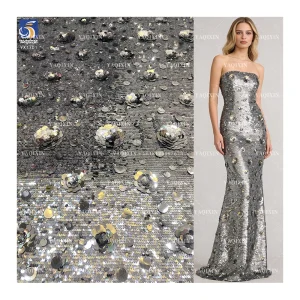 YX1301 Recently Popular 5+9+12+18mm 400 Gsm Heavyweight Silver Sequins Fabrics 3D Rose Flower Sequins Dress Fabric