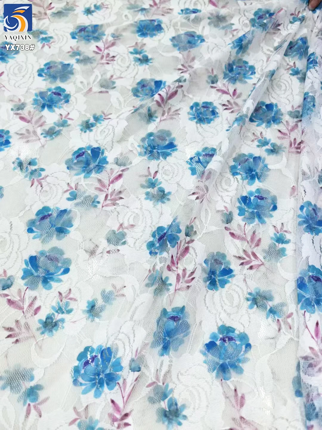 YX738 Elegant Printed Chantilly Lace Fabric 95 Polyester 5 Spandex Stretch Flowers Printed Chantilly Lace Fabric - 图片 4