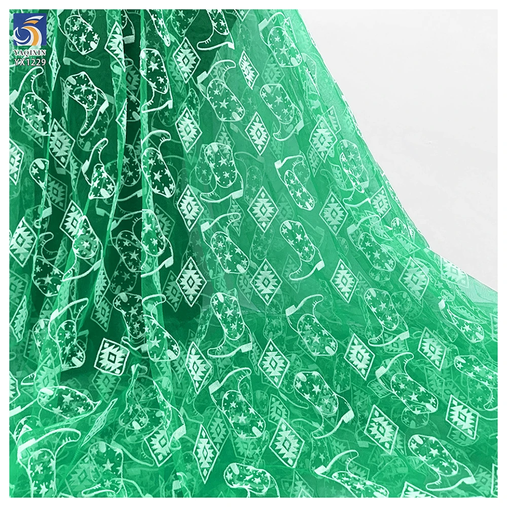 YX1229 Popular Holiday Mesh Tulle Fabrics and Textiles Knitted Christmas Shoes and Trees Pattern White Flocked Tulle Fabric - 图片 6