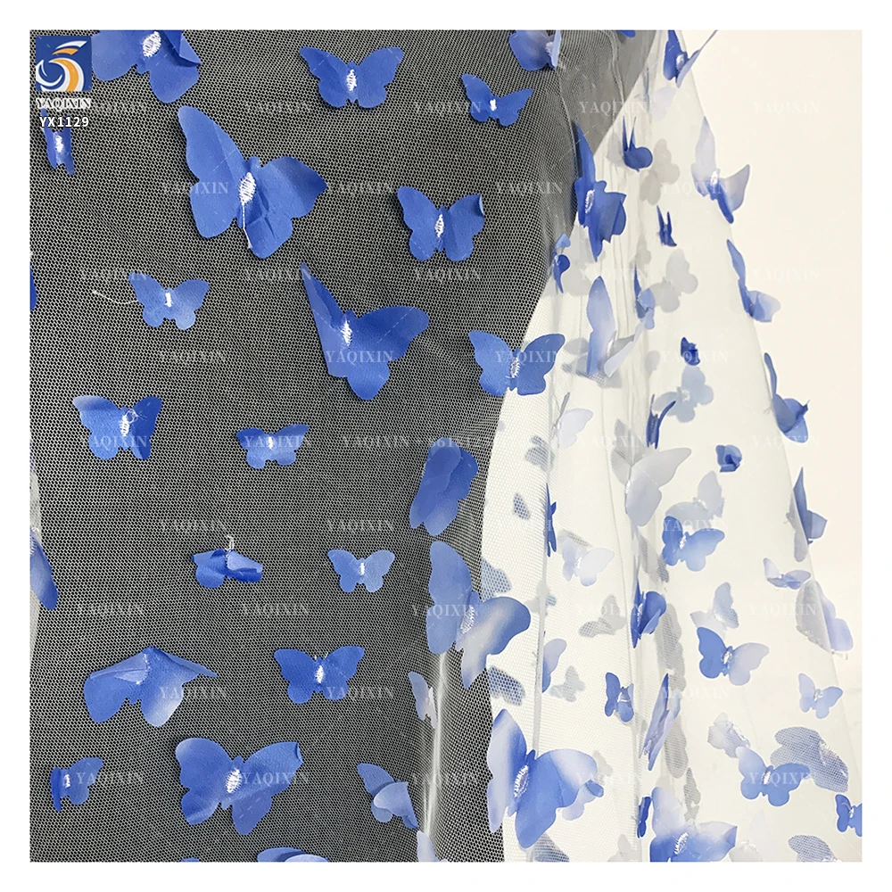 YX1129 Embroidered Tulle Blue and White Gradient Butterflies 3D Tulle Mesh Fabric 2 Yards Latest 2026 Butterfly 3D Mesh Fabric - 图片 5