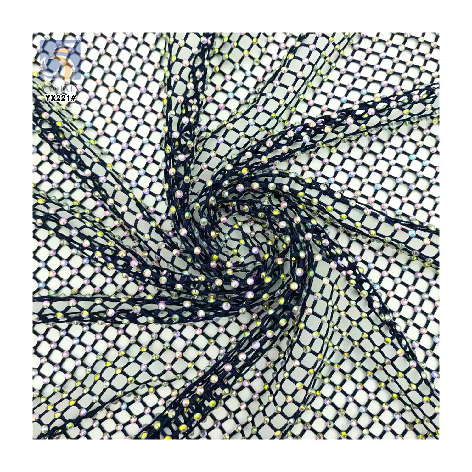 YX221 Wholesale 130gsm Polyester Net Mesh Glitter 3D Rhinestone Fabric - 图片 5